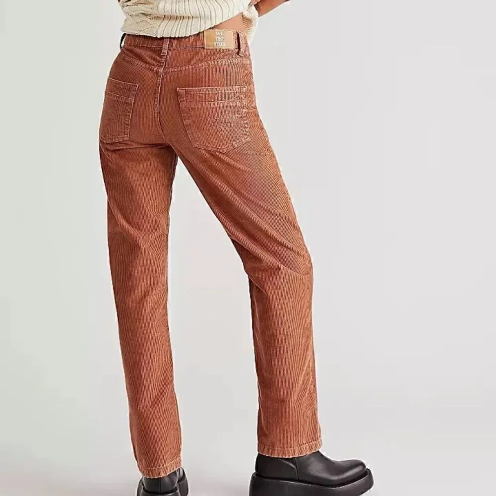 NWT Free People Brown Pax Slim Corduroy Boyfriend Jeans 32 MidRise Straight Pant
